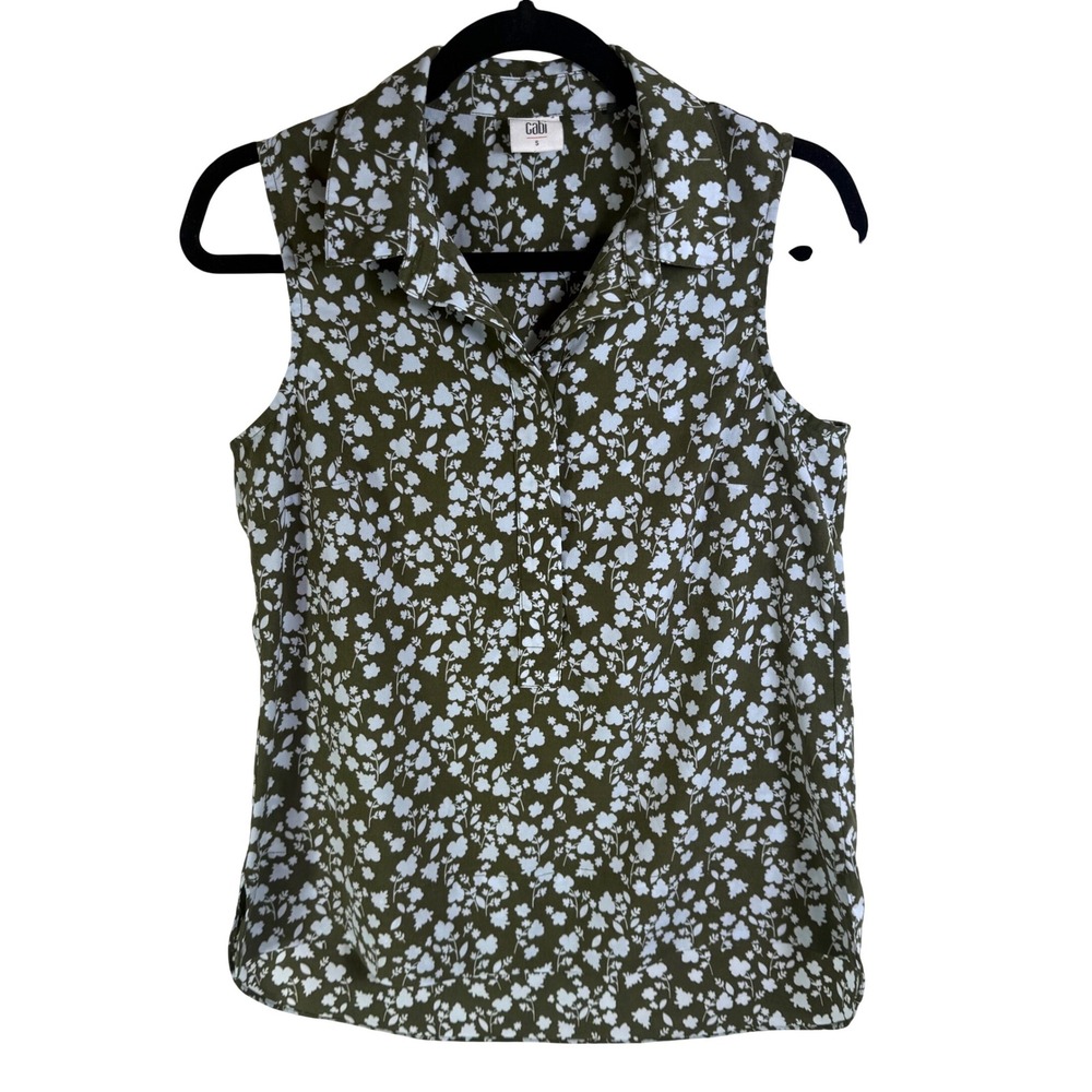 Cabi Olive Green Floral Sleeveless Blouse Collared Top 3614 Womens Small